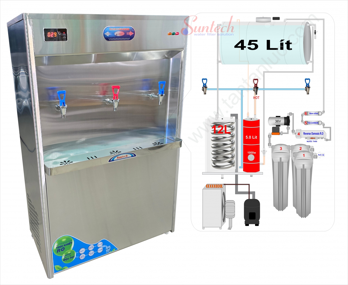 Máy lọc nước RO nóng lạnh công nghiệp 50L gắn 3 vòi